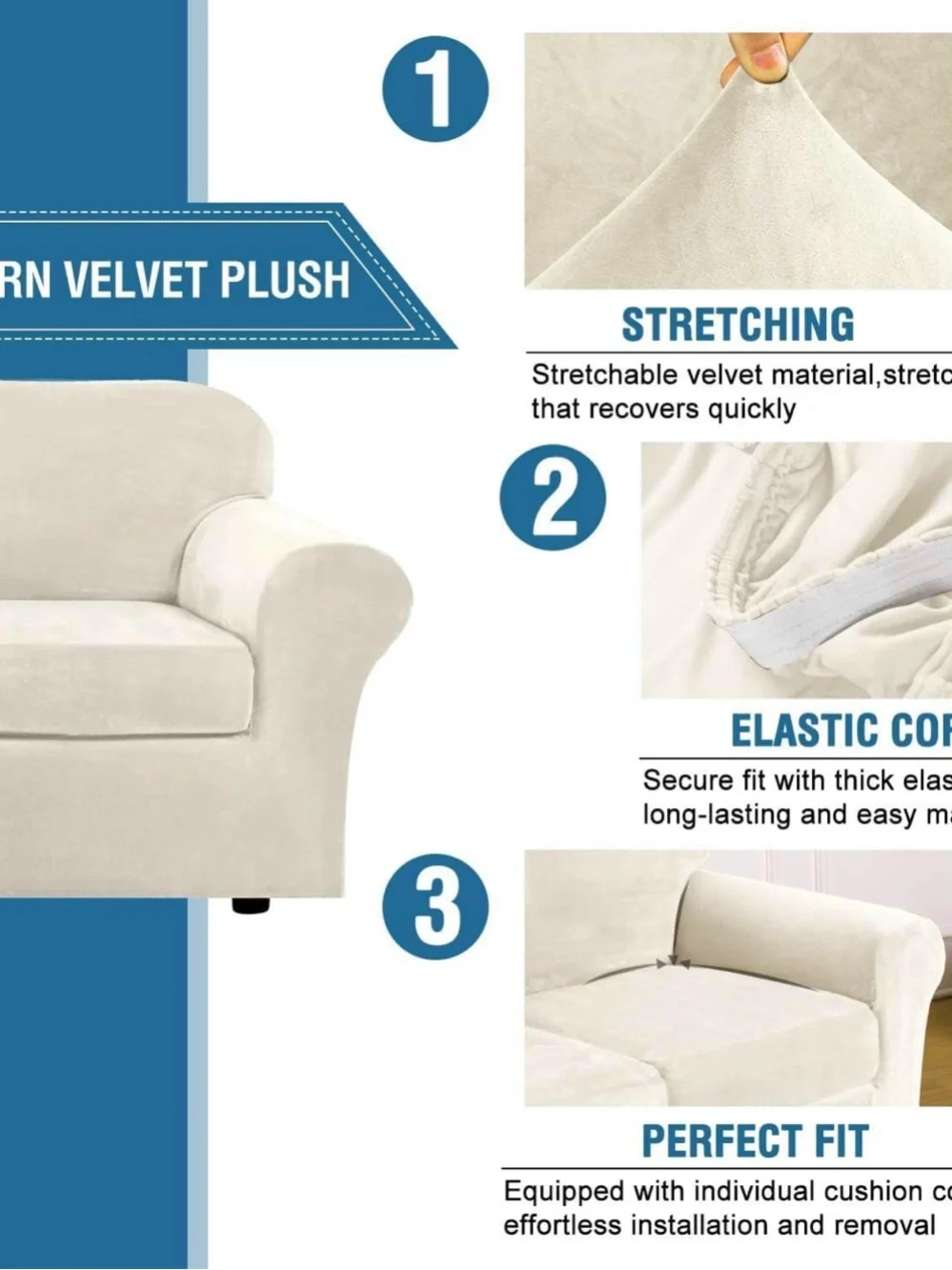 Velvet Loveseat 3 Piece Stretch Navy Sofa Cover